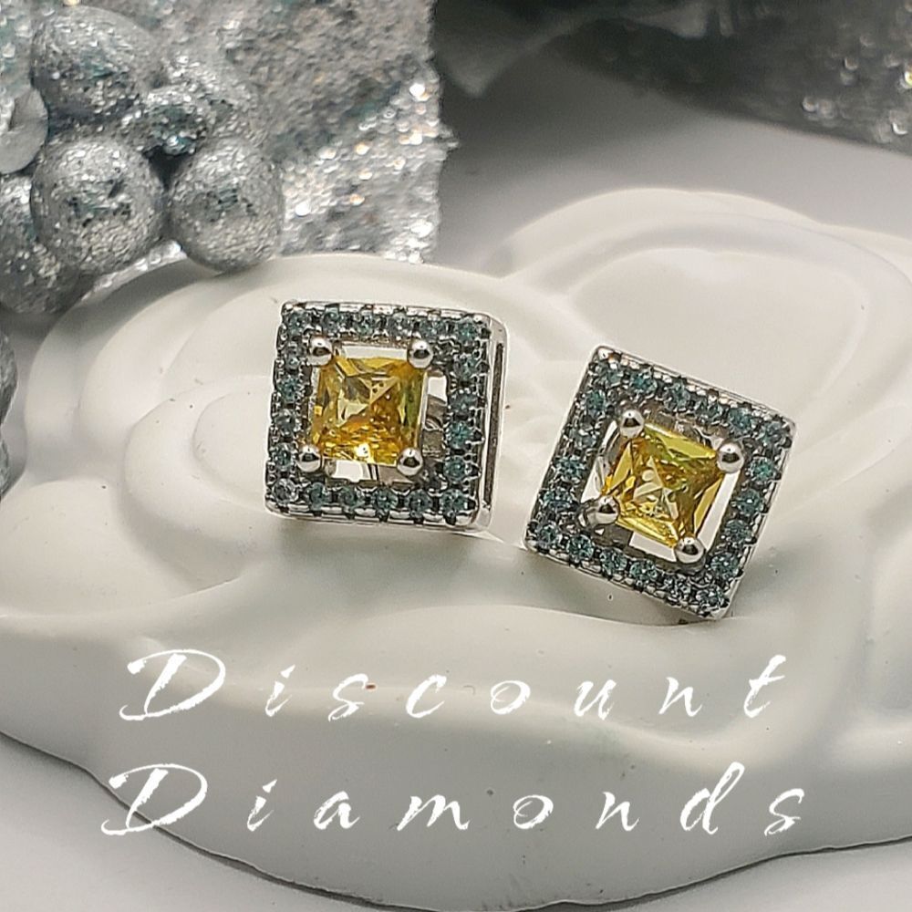 1 Ct. Yellow Square Radiant Cut Halo Moissanite Stud 925 Silver
